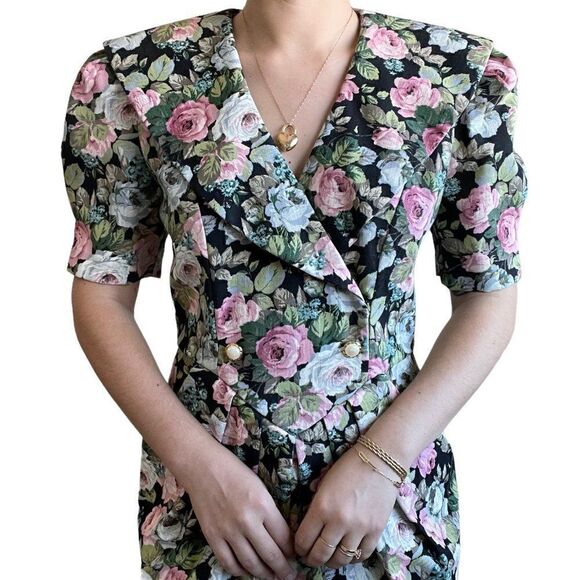 Jessica Howard 80s Dark Floral Secretary Boho Prairie Retro Mini Dress Sz M - Picture 6 of 11
